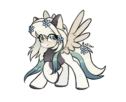 Size: 2100x1700 | Tagged: safe, artist:rejiser, oc, oc only, pegasus, pony, chest fluff, ear fluff, female, flower, flower in hair, flower in tail, long hair, looking at you, raised hoof, smiling, solo, spread wings, tail, wings