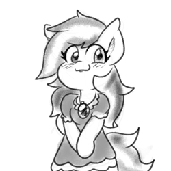 Size: 900x900 | Tagged: safe, artist:zutcha, oc, oc only, earth pony, pony, semi-anthro, bipedal, black and white, blush lines, blushing, clothes, dress, female, grayscale, mare, monochrome, smiling, solo