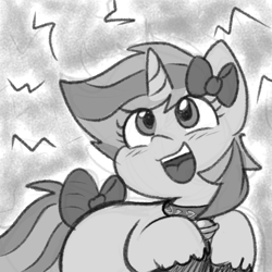 Size: 900x900 | Tagged: safe, artist:zutcha, oc, oc only, oc:cinnamon lightning, pony, unicorn, bell, bell collar, black and white, blush lines, blushing, bow, collar, female, grayscale, hair bow, horn, looking up, mare, monochrome, open mouth, open smile, smiling, solo, tail, tail bow, unshorn fetlocks