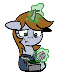 Size: 461x566 | Tagged: safe, artist:brella, oc, oc only, oc:littlepip, pony, unicorn, fallout equestria, :t, bust, clothes, female, gif, horn, jumpsuit, magic, mare, non-animated gif, outline, pipbuck, portrait, simple background, solo, telekinesis, transparent background, vault suit, white outline