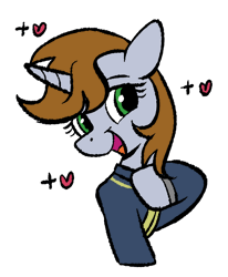 Size: 480x582 | Tagged: safe, artist:brella, oc, oc only, oc:littlepip, pony, unicorn, fallout equestria, bust, clothes, female, gif, heart, hoof on chest, horn, jumpsuit, mare, non-animated gif, open mouth, outline, portrait, simple background, smiling, solo, transparent background, vault suit, white outline