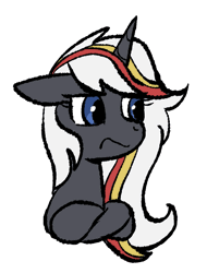 Size: 401x527 | Tagged: safe, artist:brella, oc, oc only, oc:velvet remedy, pony, unicorn, fallout equestria, bust, crossed hooves, female, frown, gif, horn, mare, non-animated gif, outline, portrait, simple background, solo, transparent background, white outline