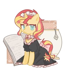 Size: 1080x1183 | Tagged: safe, artist:other, sunset shimmer, pony, unicorn, g4, book, clothes, cup, female, food, horn, looking at you, maid, mare, puffy sleeves, simple background, sitting, solo, tea, teacup, white background