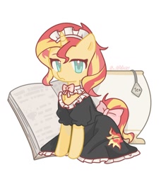 Size: 1080x1183 | Tagged: safe, alternate version, artist:other, sunset shimmer, pony, unicorn, g4, book, clothes, cup, female, food, horn, looking at you, maid, mare, puffy sleeves, simple background, sitting, solo, tea, teacup, white background