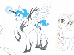 Size: 1724x1292 | Tagged: safe, artist:murkbrew, nightmare moon, alicorn, earth pony, pony, g4, alternate design, female, flower, flower in hair, freckles, mare, pen drawing, ponified, rapunzel, smiling, spread wings, traditional art, wings