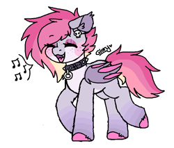 Size: 787x671 | Tagged: safe, artist:smol_boo, oc, oc only, bat pony, pony, collar, cute, cute little fangs, ear fluff, ear piercing, earring, eyebrows, eyebrows visible through hair, eyes closed, fangs, female, freckles, happy, jewelry, mare, music notes, piercing, simple background, singing, solo, white background