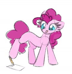 Size: 1369x1413 | Tagged: safe, artist:lbrcloud, pinkie pie, earth pony, pony, g4, concentrating, drawing, female, how do hooves work?, magnetic hooves, mare, paper, pencil, simple background, sketch, solo, white background