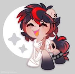 Size: 2419x2375 | Tagged: safe, artist:ninnydraws, pony, bandage, bandaid, blood, blood stains, chibi, cute, ear piercing, eyes closed, full body, kuro kurenai, open mouth, open smile, piercing, ponified, smiling, solo, spiked wristband, vtuber, wristband