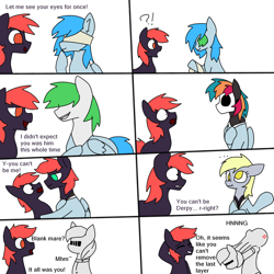 Size: 2000x2000 | Tagged: safe, artist:742, derpy hooves, oc, oc:tom, earth pony, pegasus, pony, g4, barcode, clothes, comic, dialogue, muffled words, no face, ponysuit, suit