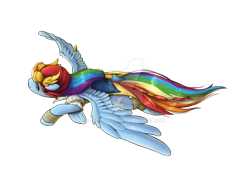 Size: 1280x889 | Tagged: safe, artist:emmaneiac, rainbow dash, pegasus, pony, g4, deviantart watermark, female, flying, mare, obtrusive watermark, simple background, solo, spread wings, transparent background, watermark, windswept mane, wings