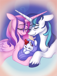 Size: 1536x2048 | Tagged: safe, artist:cloud-roots, princess cadance, shining armor, oc, oc:prince scarlet heart, alicorn, pony, unicorn, g4, baby, baby pony, colt, crossed horns, eyes closed, family, female, foal, horn, horns are touching, male, mare, nuzzling, offspring, parent:princess cadance, parent:shining armor, parents:shiningcadance, ship:shiningcadance, shipping, stallion, story included, straight, trio