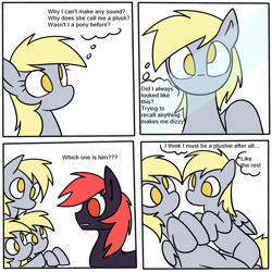 Size: 2000x2000 | Tagged: safe, artist:742, derpy hooves, oc, oc:tom, earth pony, pegasus, pony, g4, clothes, comic, mirror, plushification, ponysuit, speech bubble, suit, thought bubble, thoughts