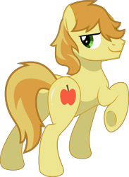 Size: 3193x4356 | Tagged: safe, artist:c1trine, artist:doraair, artist:jonesdylan874, artist:kishmond, artist:noxwyll, artist:stephen-fisher, braeburn, earth pony, pony, g4, braebutt, butt, flank, looking at you, looking back, looking back at you, male, plot, raised hoof, sexy, shiny, simple background, solo, stallion, transparent background, underhoof