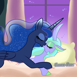 Size: 1024x1024 | Tagged: safe, artist:cookie-ruby, princess luna, queen chrysalis, alicorn, changedling, changeling, pony, g4, a better ending for chrysalis, bed, changedling queen, chrysaluna, duo, duo female, eyes closed, female, kissing, lesbian, pillow, purified chrysalis, shipping, slender, thin, window