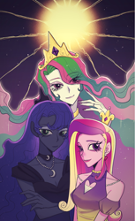 Size: 1910x3124 | Tagged: safe, artist:nimingxiwang168, princess cadance, princess celestia, princess luna, human, equestria girls, g4, alicorn triarchy, clothes, dress, female, heart, heart eyes, humanized, looking at you, night, royal sisters, siblings, sisters, smiling, trio, trio female, wingding eyes