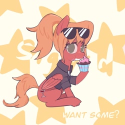 Size: 1954x1954 | Tagged: safe, artist:yuanzuowuzhedegou, pegasus, pony, abstract background, clothes, cupcake, eating, female, food, mare, orange mane, red coat, shirt, solo, sunglasses