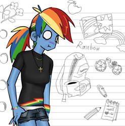 Size: 2283x2311 | Tagged: safe, artist:yuanzuowuzhedegou, rainbow dash, human, equestria girls, g4, :t, blue skin, breasts, clothes, female, humanized, multicolored hair, rainbow hair, shirt, shorts, solo