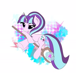 Size: 1789x1789 | Tagged: safe, artist:thegaptrixie, starlight glimmer, pony, unicorn, g4, abstract background, female, horn, mare, riding, simple background, solo, staff, white background