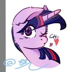 Size: 1239x1239 | Tagged: safe, artist:bluestarpipixing, twilight sparkle, pony, unicorn, g4, blowing a kiss, bust, chu, female, heart, horn, mare, one eye closed, portrait, solo