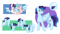 Size: 2272x1280 | Tagged: safe, artist:cloud-roots, oc, oc only, oc:peach milkshake, oc:starspell sparkle, oc:wind chill, pegasus, pony, blushing, eye clipping through hair, female, group hug, hiding behind wing, hug, male, mare, no pupils, offspring, open mouth, open smile, parent:flash sentry, parent:pinkie pie, parent:pokey pierce, parent:rainbow dash, parent:soarin', parent:twilight sparkle, parents:flashlight, parents:pokeypie, parents:soarindash, smiling, stallion, wings