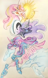 Size: 2670x4307 | Tagged: safe, artist:r-cang, princess celestia, princess flurry heart, princess luna, alicorn, g4, colored pencil drawing, female, mare, royal sisters, siblings, sisters, traditional art, trio, trio female