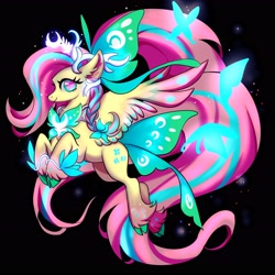 Size: 3402x3402 | Tagged: safe, artist:r-cang, fluttershy, butterfly, pegasus, pony, g4, black background, cloven hooves, simple background, smiling, solo, unshorn fetlocks