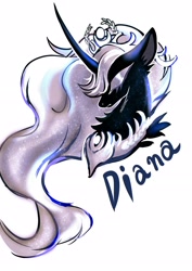 Size: 2480x3508 | Tagged: safe, artist:r-cang, oc, oc only, oc:diana, pony, unicorn, black coat, bust, horn, jewelry, necklace, not luna, simple background, solo, white background