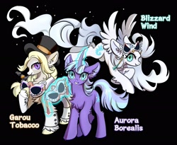 Size: 3038x2494 | Tagged: safe, artist:r-cang, oc, oc only, oc:aurora borealis, oc:blizzard wind, oc:garou tobacco, pegasus, pony, unicorn, black background, female, horn, simple background, trio, trio female