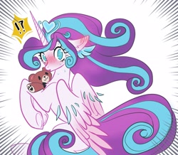 Size: 2275x1980 | Tagged: safe, artist:r-cang, princess flurry heart, alicorn, pony, g4, caught, exclamation point, female, interrobang, leg hold, looking at you, mare, older, older flurry heart, plushie, question mark, sitting, slender, solo, teddy bear, thin