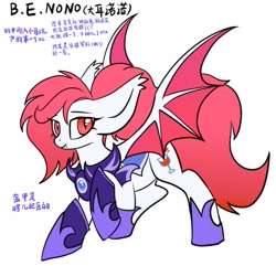 Size: 3307x3189 | Tagged: safe, artist:r-cang, oc, oc only, oc:b. e. nono, bat pony, pony, bat pony oc, chinese, clothes, red eyes, red mane, red tail, red wings, reference sheet, simple background, solo, tail, white background, white coat, wings