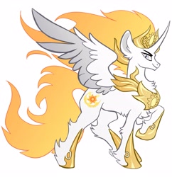 Size: 3225x3337 | Tagged: safe, artist:r-cang, oc, oc only, alicorn, pony, big ears, chest fluff, colored wings, colored wingtips, crown, curved horn, ear fluff, fetlock tuft, fiery mane, fiery tail, gradient mane, gradient tail, gray eyes, hoof shoes, horn, jewelry, leg fluff, male, male alicorn, male alicorn oc, not celestia, not solaris, peytral, raised hoof, regalia, simple background, slit pupils, solo, spread wings, standinf, tail, white background, wings