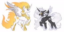 Size: 5985x3000 | Tagged: safe, artist:r-cang, oc, oc only, alicorn, pony, big ears, chest fluff, colored pinnae, colored wings, colored wingtips, crown, curved horn, duo, duo male and female, ear fluff, ethereal mane, ethereal tail, eyeshadow, female, fetlock tuft, fiery mane, fiery tail, folded wings, full body, golden eyes, gradient mane, gradient tail, gray eyes, hoof shoes, horn, jewelry, leg fluff, makeup, male, male alicorn, male alicorn oc, mare, not celestia, not solaris, one wing out, peytral, raised hoof, regalia, side view, simple background, slit pupils, solo, sparkly mane, sparkly tail, spread wings, standinf, tail, tiara, white background, white coat, wings