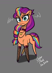 Size: 1240x1754 | Tagged: safe, artist:jully-park, sunny starscout, earth pony, pony, g5, clothes, fishnet clothing, fishnet stockings, goth, gray background, mane stripe sunny, simple background, solo, stockings, thigh highs