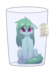 Size: 2480x3300 | Tagged: safe, artist:keupoz, oc, oc only, oc:kazumi, unicorn, cheek fluff, chest fluff, commission, floppy ears, frown, glass, horn, imprisoned, leg fluff, looking at you, paper, shoulder fluff, signature, simple background, sitting, solo, tape, text, transparent background, unicorn oc