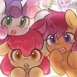 Size: 1080x1080 | Tagged: safe, artist:xinjinjumin239813620360, apple bloom, diamond tiara, scootaloo, silver spoon, sweetie belle, earth pony, pegasus, pony, unicorn, g4, adorabloom, apple bloom's bow, bow, chest fluff, close-up, crusaderbetes, cute, cutealoo, cutie mark crusaders, diasweetes, female, filly, foal, hair bow, horn, looking at you, open mouth, question mark, simple background, speech bubble, white background