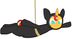 Size: 2401x1310 | Tagged: safe, artist:wissle, sunset shimmer, pony, unicorn, g4, bodysuit, catsuit, clothes, female, hanging, horn, mare, mission impossible, newbie artist training grounds, ninja, rope, simple background, sneaking suit, solo, spy, suspended, transparent background