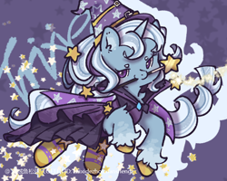 Size: 700x560 | Tagged: safe, artist:zhixidezhouxiansheng, trixie, pony, unicorn, g4, abstract background, cape, clothes, hat, horn, mouth hold, solo, trixie's cape, trixie's hat