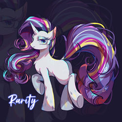 Size: 2048x2048 | Tagged: safe, artist:tkotu434, rarity, pony, unicorn, g4, abstract background, female, horn, mare, rainbow power, raised hoof, solo, text, zoom layer