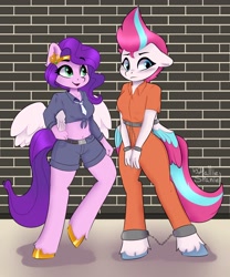 Size: 2500x3000 | Tagged: safe, artist:hallie_spaniel, pipp petals, zipp storm, pegasus, anthro, unguligrade anthro, g5, belly, belly button, bound wings, brick wall, clothes, commissioner:rainbowdash69, cuffs, female, front knot midriff, jumpsuit, midriff, never doubt rainbowdash69's involvement, police uniform, prison outfit, prisoner, prisoner zipp, royal sisters (g5), shackles, siblings, sisters, wing cuffs, wings