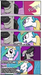 Size: 1600x2817 | Tagged: safe, artist:bestponies, octavia melody, princess celestia, alicorn, earth pony, pony, comic:equestria six shadows, g4, ..., angry, bed, bedroom, comic, crown, dialogue, duo, duo female, female, grin, jewelry, mare, open mouth, open smile, pillow, poof, regalia, sleeping, smiling, teleportation, window