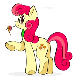 Size: 1368x1420 | Tagged: safe, artist:spookyfoxinc, apple bumpkin, earth pony, pony, g4, apple, apple family member, bandana, food, looking back, simple background, solo, white background