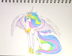 Size: 2859x2217 | Tagged: safe, artist:sierraex, princess celestia, alicorn, pony, g4, colored pencil drawing, crown, female, high res, hoof shoes, jewelry, mare, peytral, photo, princess shoes, regalia, simple background, sketchpad, solo, spread wings, tall, traditional art, white background, wings