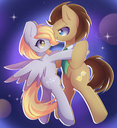 Size: 2600x2850 | Tagged: safe, artist:miryelis, derpy hooves, doctor whooves, time turner, earth pony, pegasus, pony, g4, background pony, clothes, cute, duo, duo male and female, female, full body, holding hooves, looking at each other, looking at someone, male, ship:doctorderpy, shipping, smiling, space, sparkles, spread wings, straight, wings