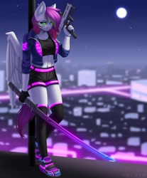 Size: 1700x2050 | Tagged: safe, artist:villjulie, oc, oc only, oc:ellie berryheart, pegasus, anthro, city, clothes, cyberpunk, female, green eyes, gun, implants, jacket, katana, light, moon, neon, night, roof, serious, shoes, shorts, sneakers, solo, stars, sword, weapon, white wings, wings