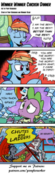 Size: 1046x3277 | Tagged: safe, artist:pony-berserker, mean rainbow dash, rainbow dash, spike, oc, oc:berzie, oc:silver sickle, oc:slipstream, changedling, changeling, pegasus, unicorn, g4, my little pony: friendship is magic, the mean 6, board game, changedling oc, changeling oc, chutes and ladders, clone, comic, confused, horn, ladder, pegasus oc, rainbow douche, speech bubble, twilight's castle, unicorn oc