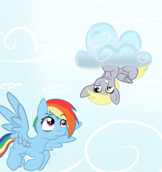 Size: 1700x1805 | Tagged: safe, artist:flutterbug18, derpy hooves, rainbow dash, pegasus, pony, g4, cloud, confused, derpy being derpy, duo, duo female, female, flying, mare, sky, smiling, upside down, waving