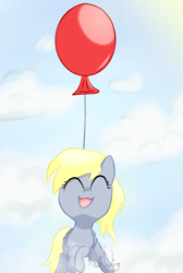 Size: 992x1480 | Tagged: safe, artist:flutterbug18, derpy hooves, pegasus, pony, g4, balloon, cloud, cute, derpabetes, eyes closed, female, flying, mare, open mouth, open smile, sky, smiling, solo