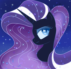 Size: 1280x1236 | Tagged: safe, artist:flutterbug18, nightmare rarity, pony, unicorn, g4, blue eyes, bust, colored pupils, cute, ethereal mane, eyelashes, female, flowing mane, happy, horn, lidded eyes, looking at you, mare, portrait, purple mane, smiling, smiling at you, solo, sparkles, starry mane, starry night, stars