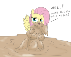 Size: 2000x1600 | Tagged: safe, artist:amateur-draw, fluttershy, pegasus, g4, covered in mud, female, fetish, mare, mud, mud bath, muddy, simple background, solo, spread wings, text, unamused, wet and messy, white background, wings