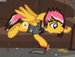 Size: 1418x1082 | Tagged: safe, artist:lightningbolt, derpibooru exclusive, pegasus, pony, g4, .svg available, alcohol, alex gaskarth, all time low, bags under eyes, butt fluff, cheek fluff, clothes, couch, cup, drink, drunk, dyed mane, dyed tail, ear fluff, floppy ears, frown, hoof fluff, hoof hold, lidded eyes, looking down, lying down, male, messy room, partially open wings, ponified, prone, sad, shirt, show accurate, solo, stallion, svg, t-shirt, tail, tattoo, vector, wing fluff, wings